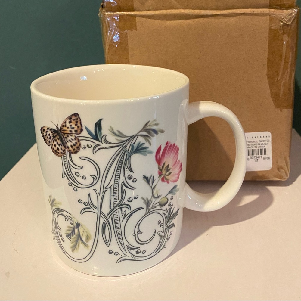 NIB Pottery Barn Monique Lhuillier Botanical Monogram Stoneware Mug - A